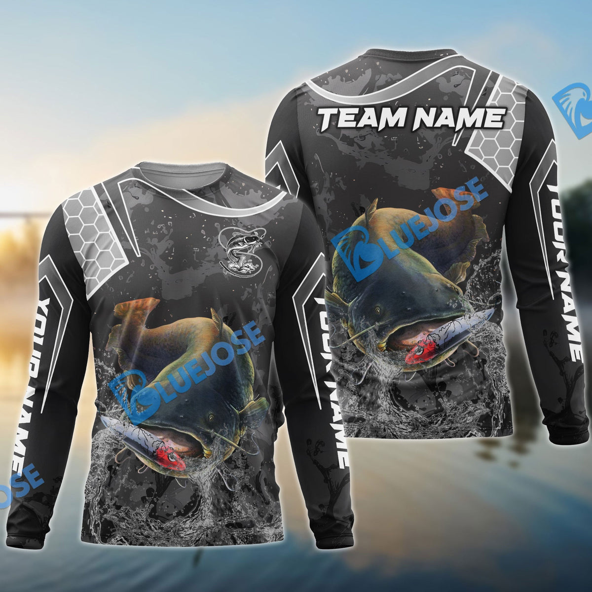 BlueJose Catfish Fishing Gray Camo Sport Custom Name & Team Name 3D Shirts