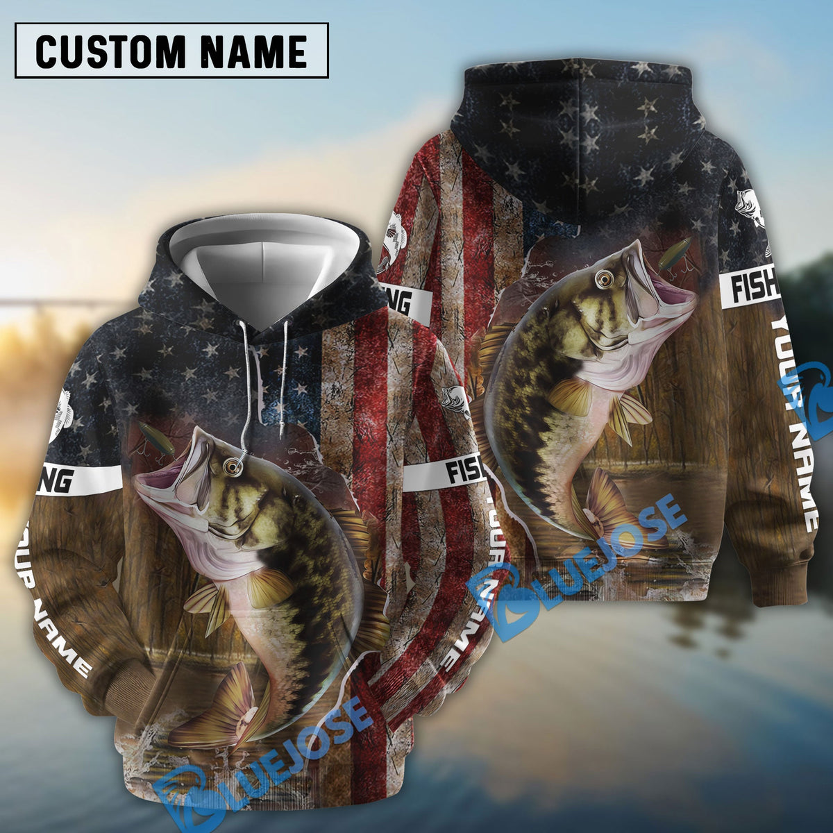 BlueJose Personalized Largemouth Bass American Flag Fishing 3D Shirts