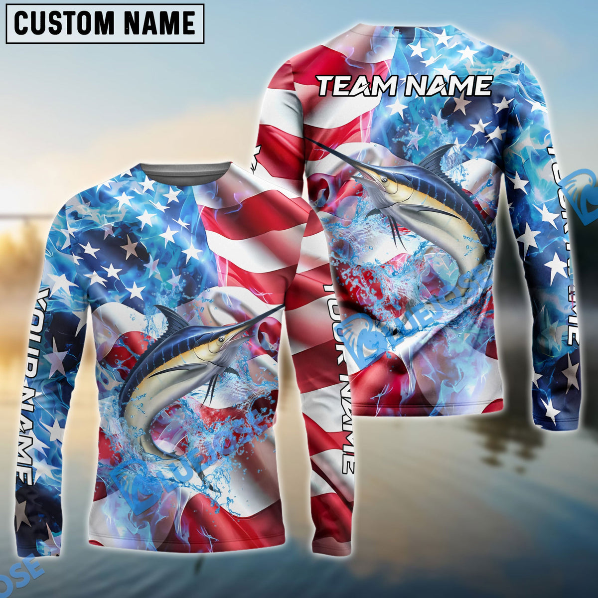 BlueJose Marlin Fishing American Flag Patriot Catch Design Name & Team Name 3D Shirts