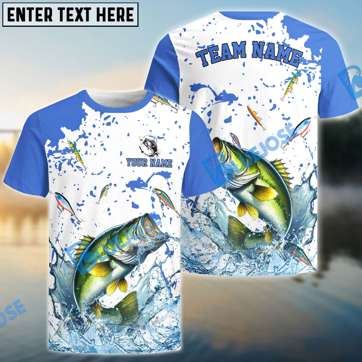 BlueJose Bass Fishing White Light Blue Custom Name & Team Name 3D Shirts