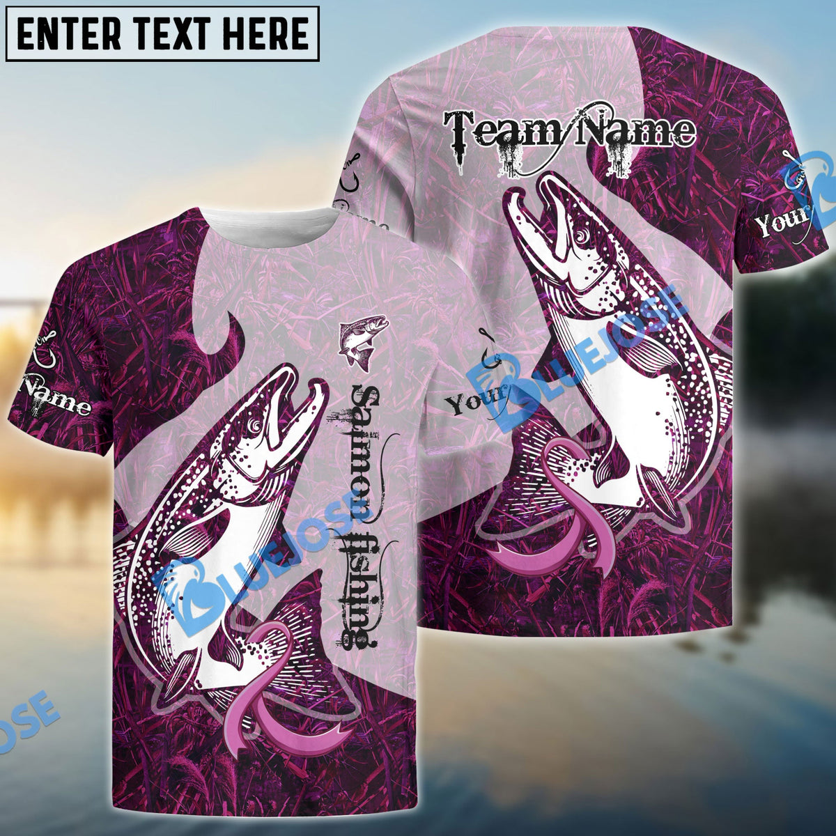 BlueJose Salmon Fishing Breast Cancer Ribbon Pink Camo Custom Name & Team Name 3D Shirts