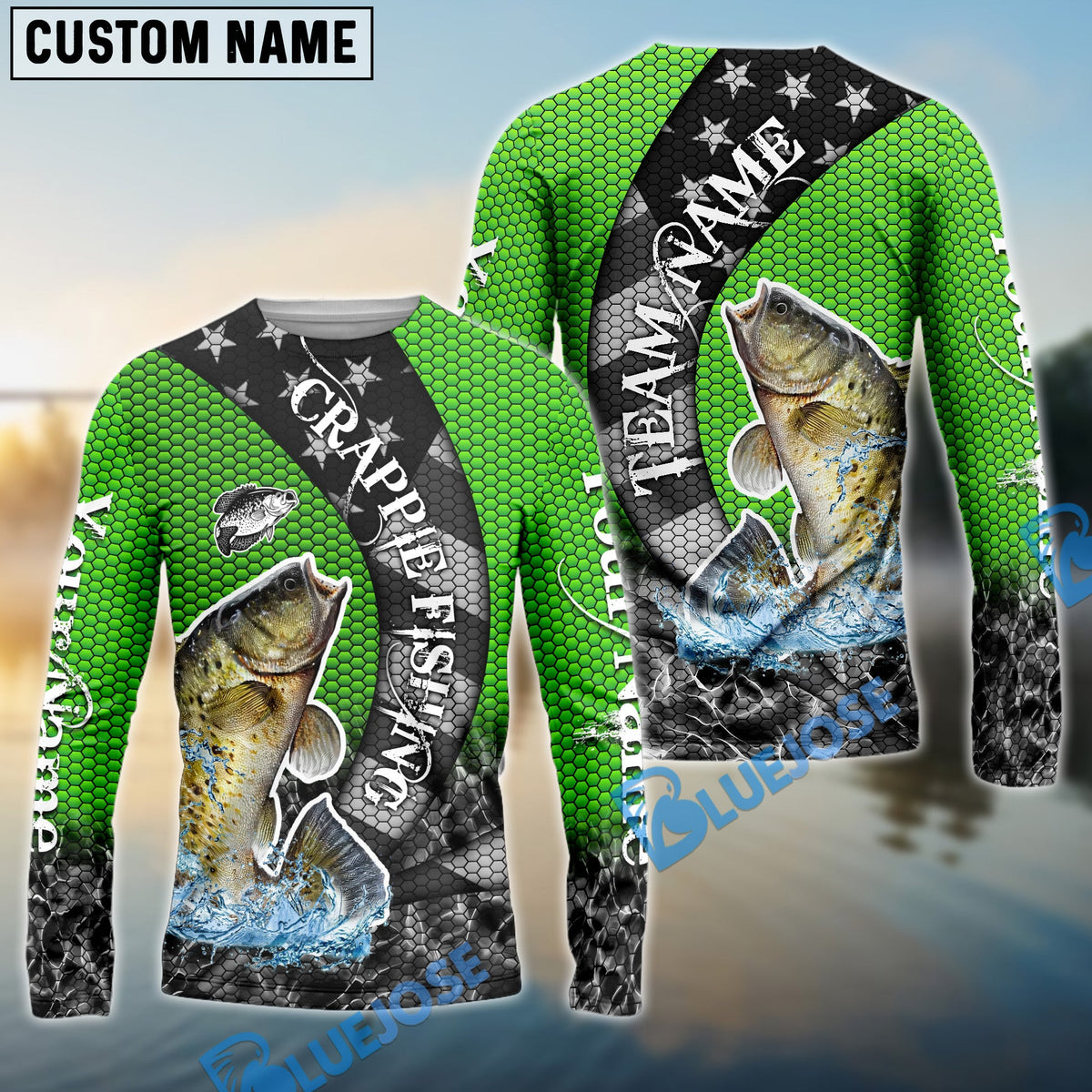 BlueJose Crappie Fishing American Flag Green Stars Custom Name & Team Name 3D Shirts