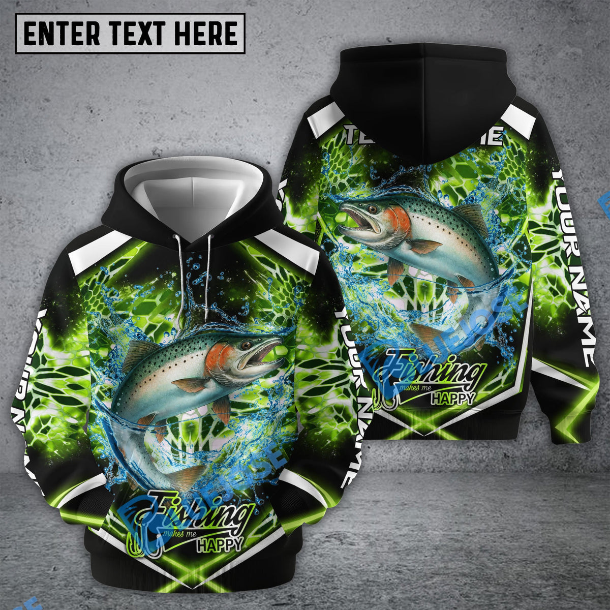 BlueJose Salmon Fishing Green Happy Hook Design Name & Team Name 3D Shirts
