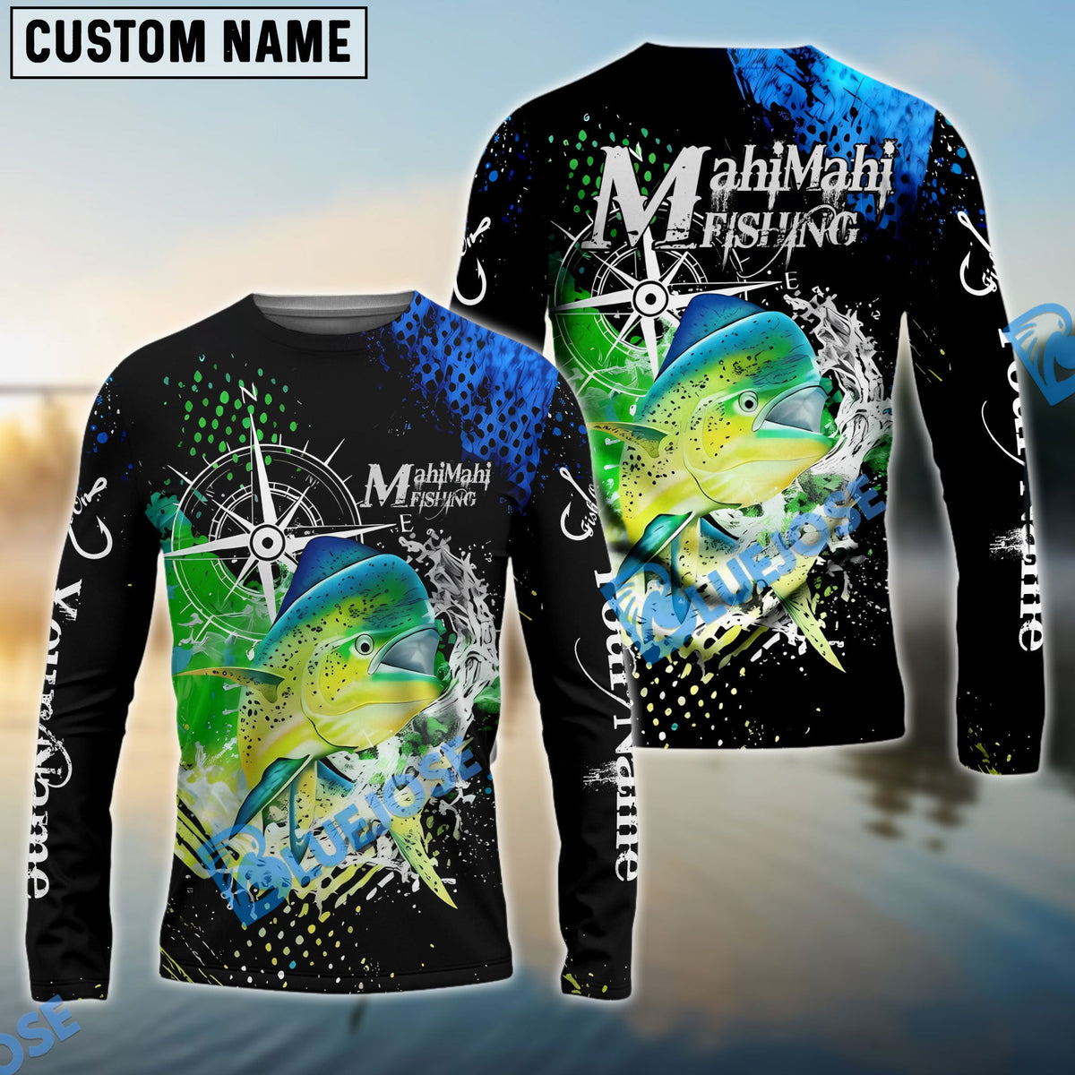 BlueJose  Mahi Mahi Fishing Compass Splash Custom Name & Team Name 3D Shirts