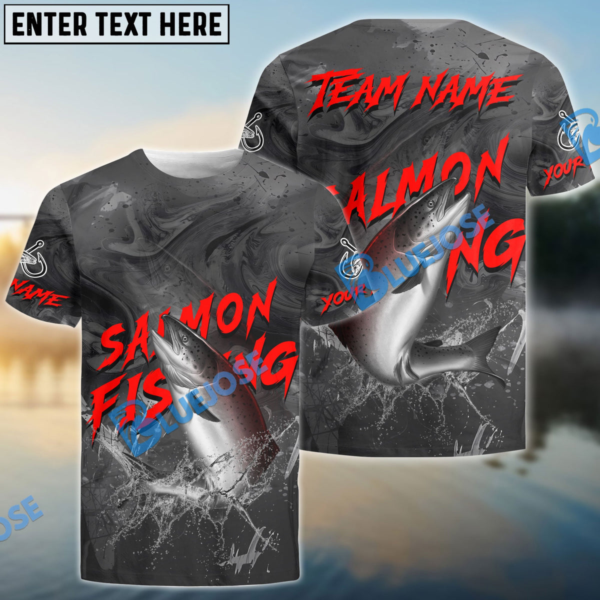 BlueJose Salmon Fishing Red Gray Blur Custom Name & Team Name 3D Shirts