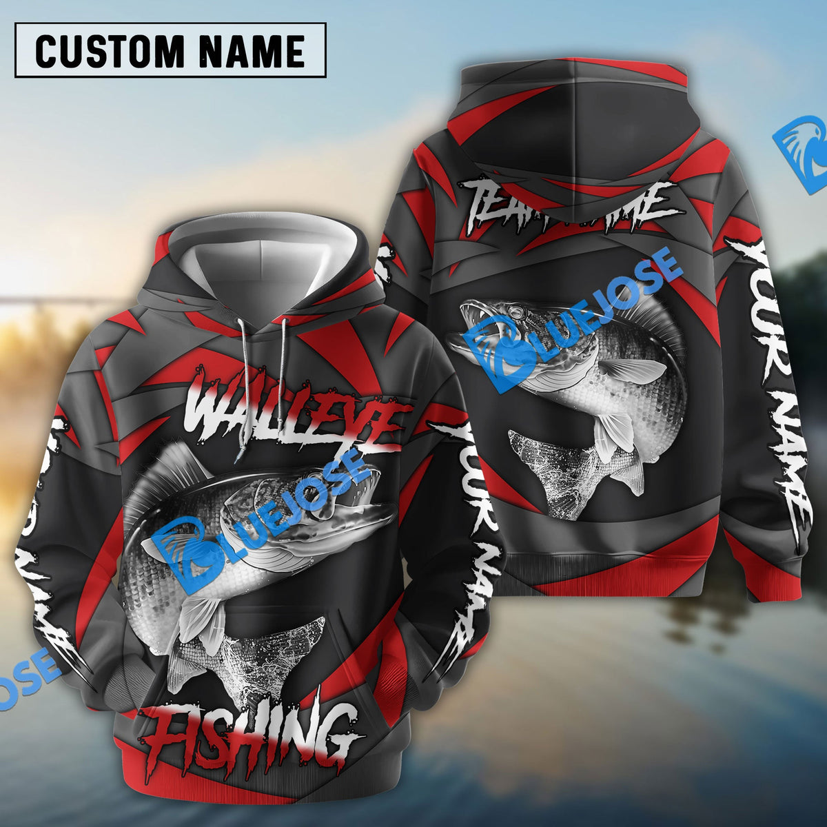 BlueJose Walleye Fishing Red Gray Spinning Pattern Custom Name & Team Name 3D Shirts