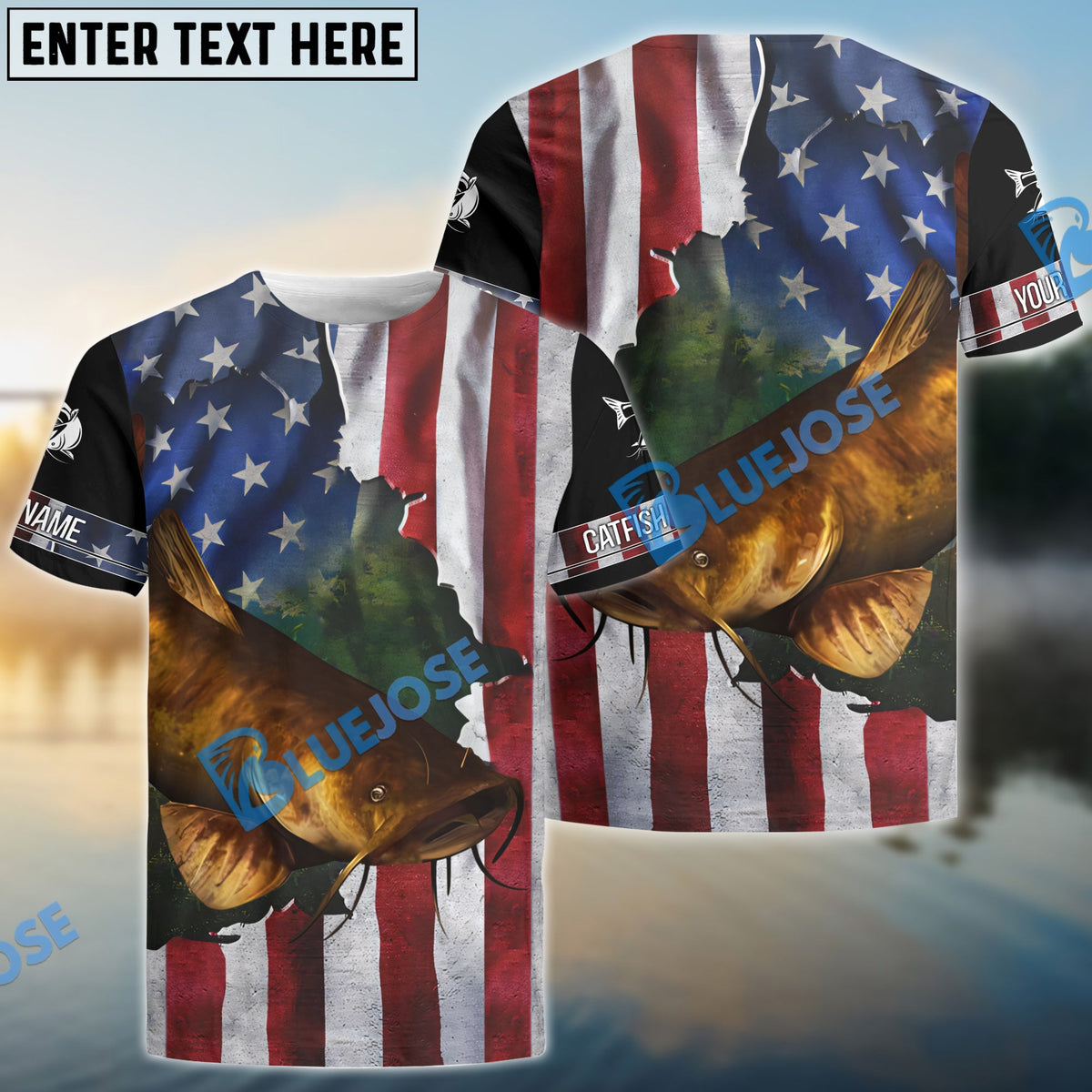 BlueJose Flathead Catfish Fishing American Flag Patriotic Personalized Catfish Long Sleeve Fishing Shirts