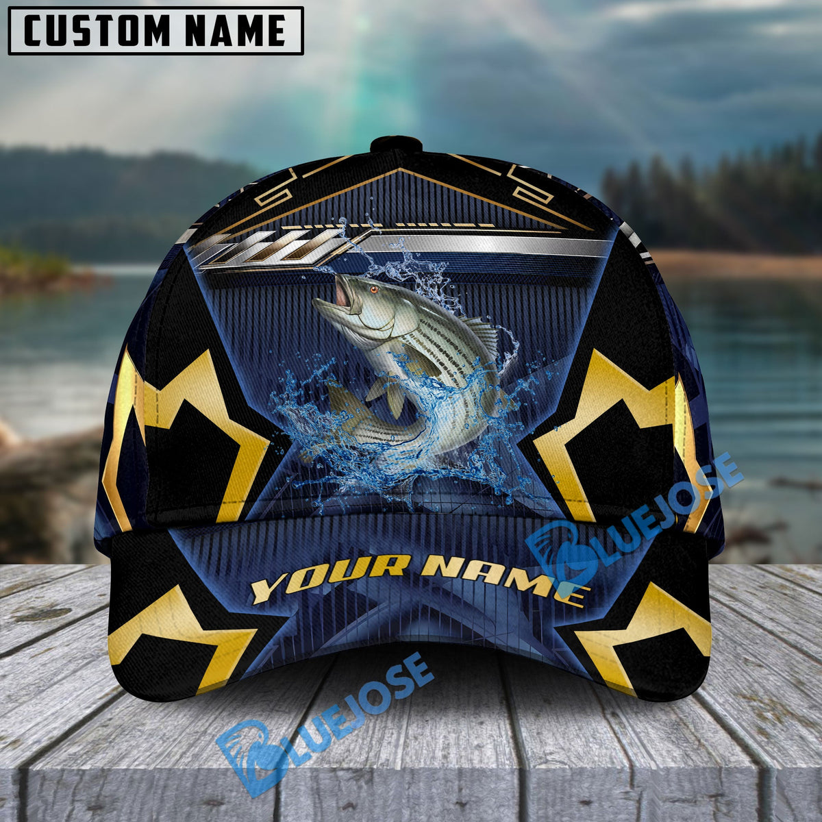 BlueJose Fishing Black Gold Geometric Personalized Name Classic 3D Cap Personalized Cap (13 Breeds)