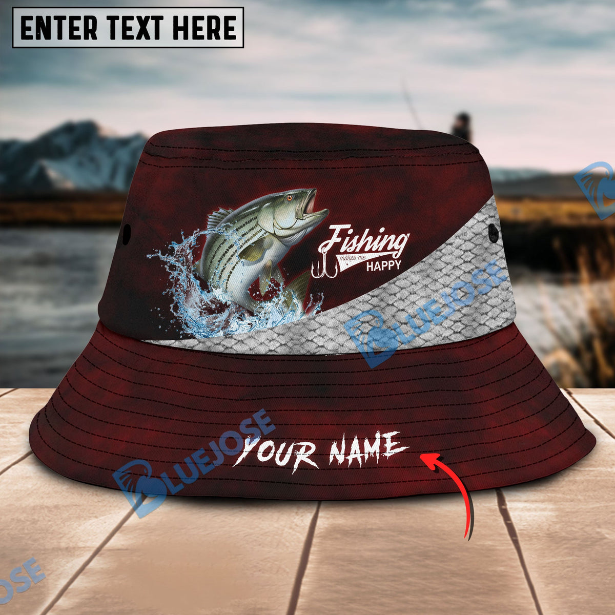 BlueJose Custom Name Striped Bass Fishing Red Bucket Fishing Hat