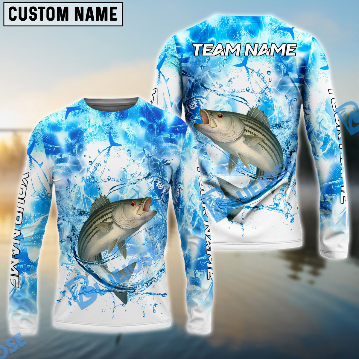BlueJose Striped Bass Fishing Blue Sea Catching Design Name & Team Name 3D Shirts