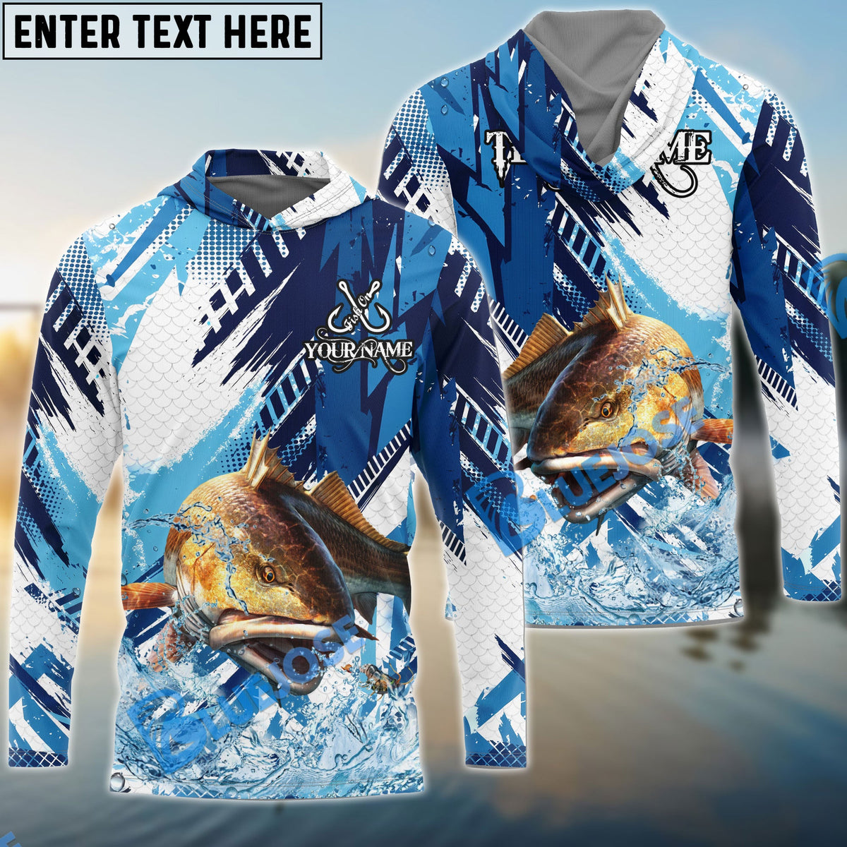 BlueJose Redfish Fishing Blue Water Splash Scale Pattern Custom Name & Team Name 3D Shirts