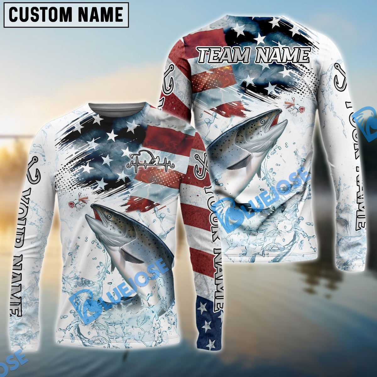 BlueJose Chinook Salmon Fishing Patriotic Water Splash Theme Custom Name & Team Name 3D Shirts