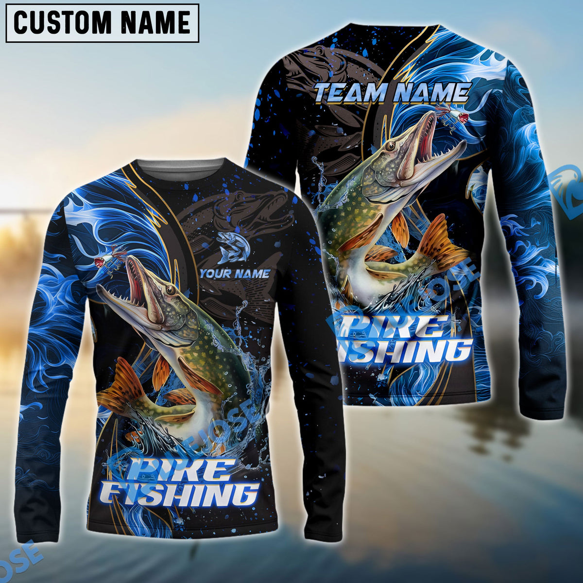 BlueJose Pike Fishing Blue Flame Smoke Line Premium Style Sport Custom Name & Team Name 3D Shirts