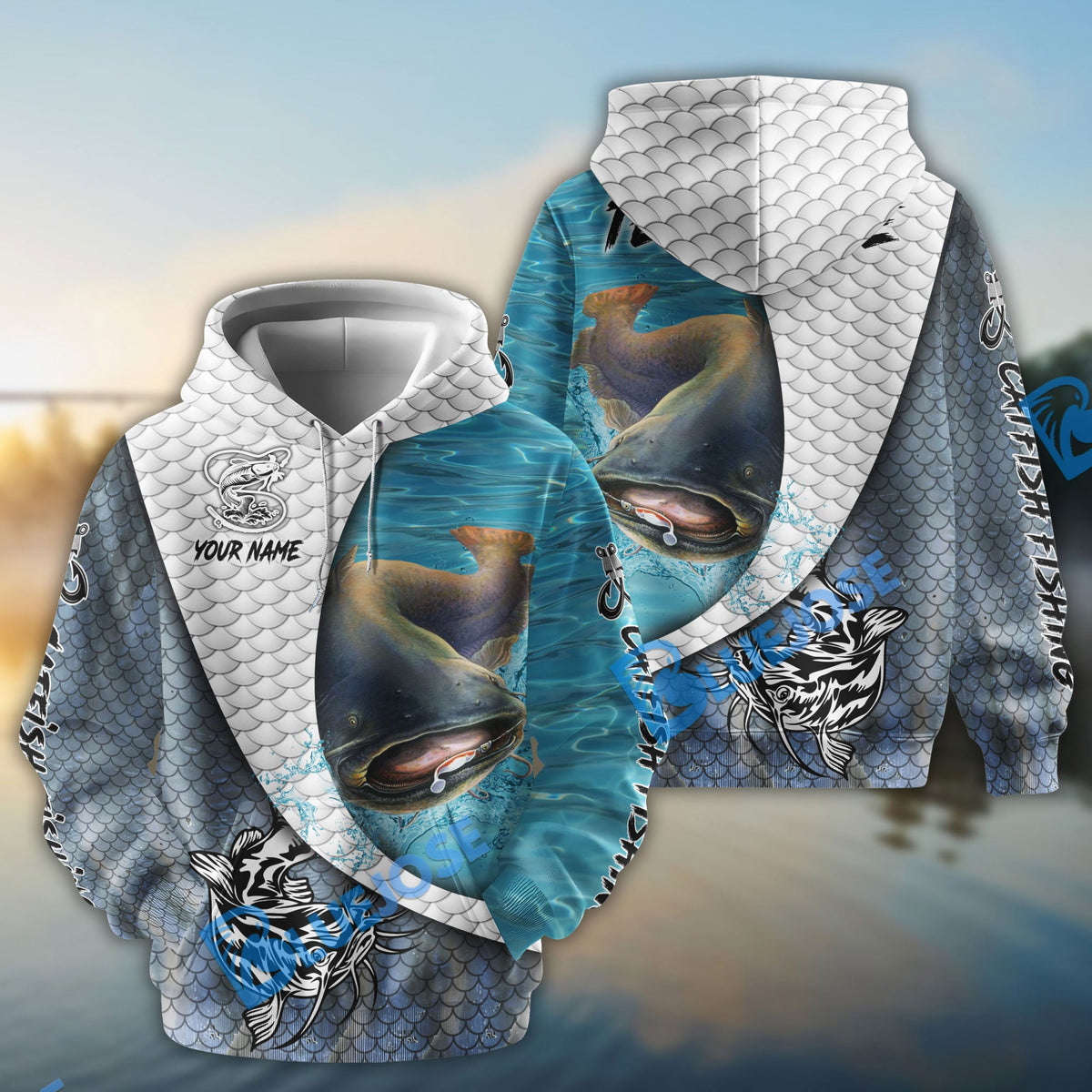BlueJose Catfish Fishing White Skin Diagonal Custom Name & Team Name 3D Shirts