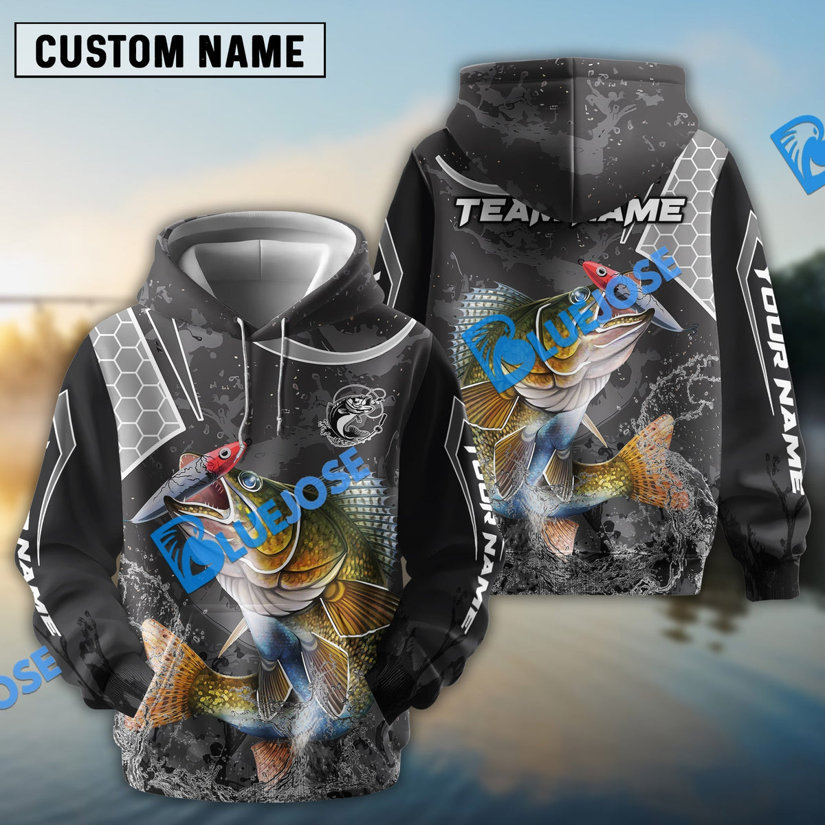 BlueJose Walleye Fishing Gray Camo Sport Custom Name & Team Name 3D Shirts