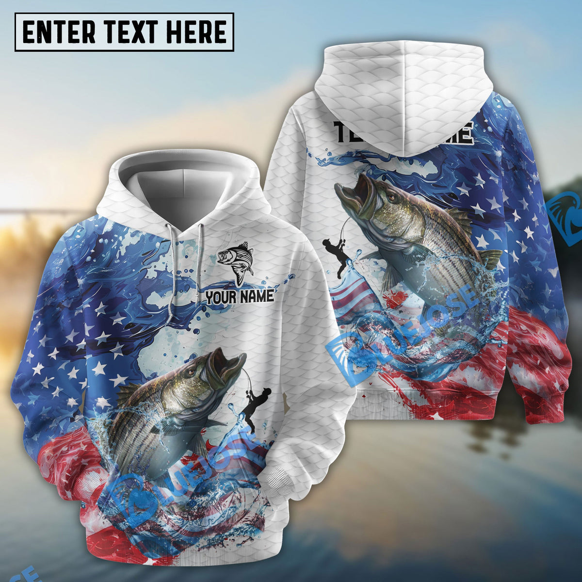 BlueJose Striped Bass Fishing Patriotic American Flag Wave White Skin Custom Name & Team Name 3D Shirts