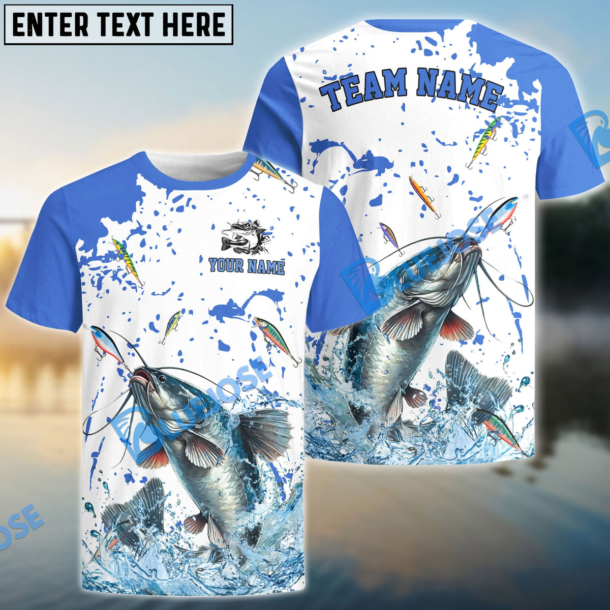 BlueJose Catfish Fishing White Light Blue Custom Name & Team Name 3D Shirts