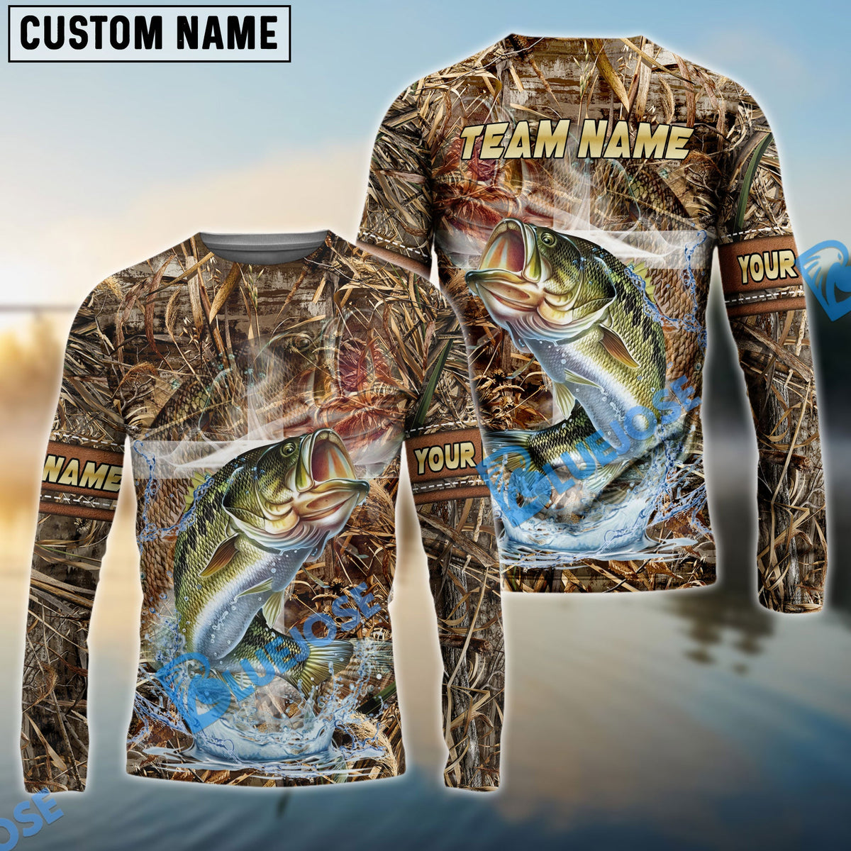 BlueJose Bass Fishing Camo Cross Custom Name & Team Name 3D Shirts