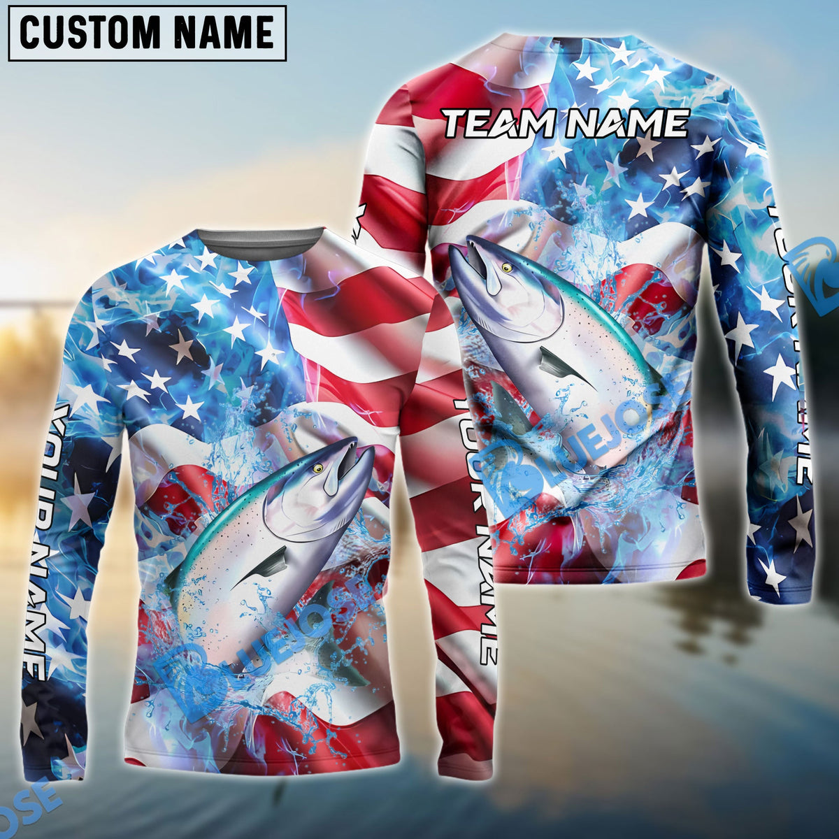 BlueJose Salmon Fishing American Flag Patriot Catch Design Name & Team Name 3D Shirts