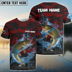 BlueJose Pike Fishing Red Grunge Camo Design Name & Team Name 3D Shirts