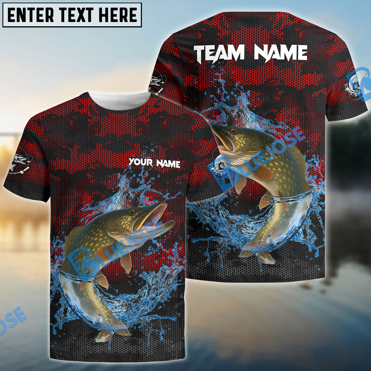 BlueJose Pike Fishing Red Grunge Camo Design Name & Team Name 3D Shirts