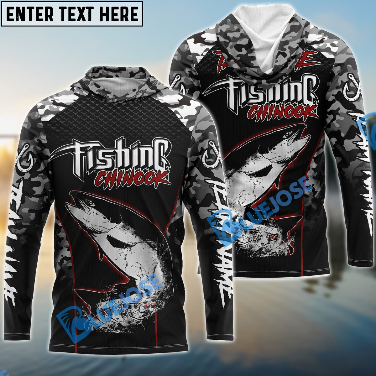 BlueJose Chinook Fishing Aggressive Red Splash Camo Pattern Sport Custom Name & Team Name 3D Shirts