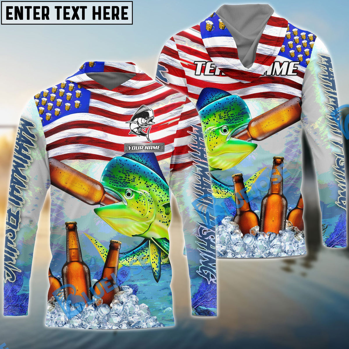 BlueJose Mahi-mahi Fishing American Flag Beer Custom Name & Team Name 3D Shirts