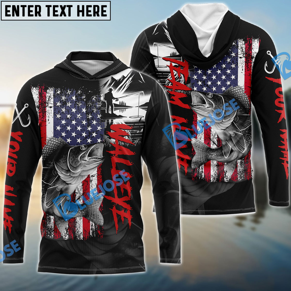 BlueJose Walleye Fishing  Black US Flag Sport Custom Name & Team Name 3D Shirts