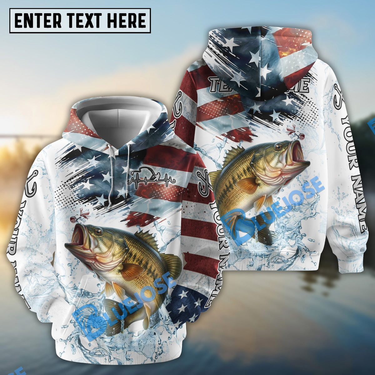 BlueJose Bass Fishing Patriotic Water Splash Theme Custom Name & Team Name 3D Shirts