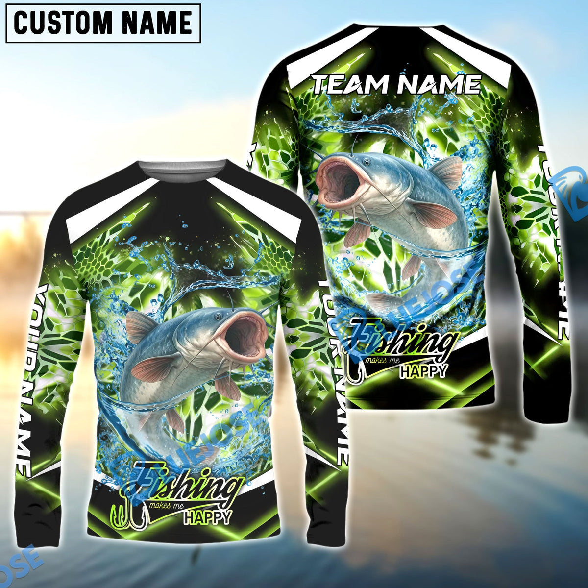 BlueJose Catfish Fishing Green Happy Hook Design Name & Team Name 3D Shirts
