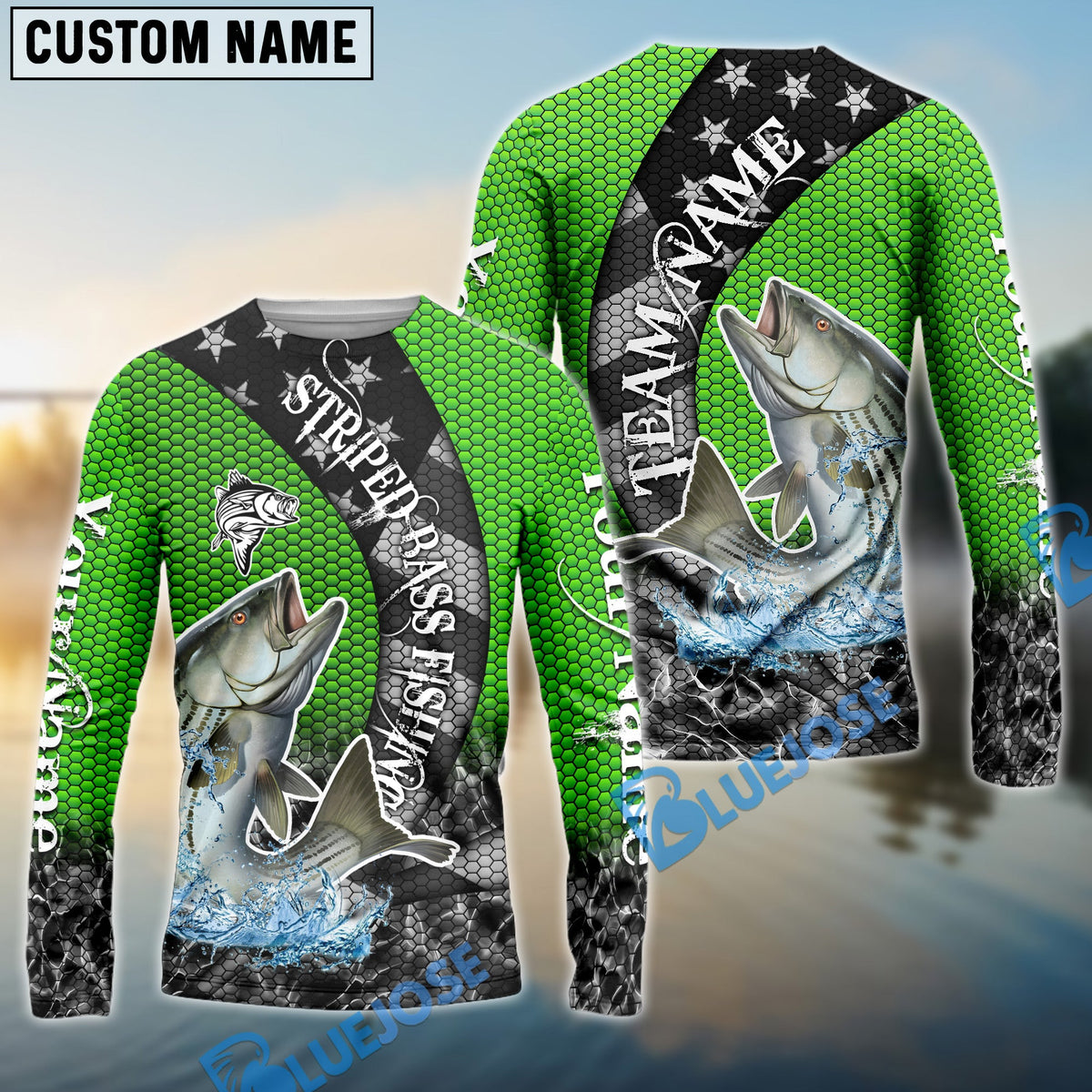 BlueJose Striped Bass Fishing American Flag Green Stars Custom Name & Team Name 3D Shirts