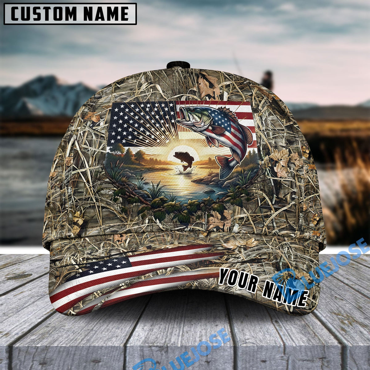 BlueJose Fishing American Flag Sunrise Farm Scene Camo Custom Name 3D Cap (12 Breeds)