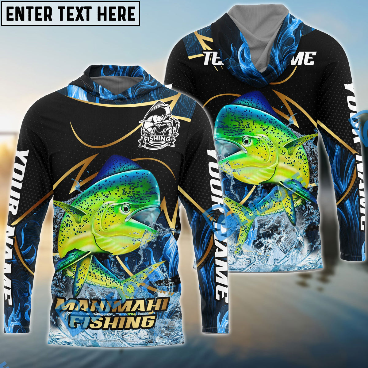 BlueJose Mahi-Mahi Fishing Water Splash Navy Gold Pattern Custom Name & Team Name 3D Shirts