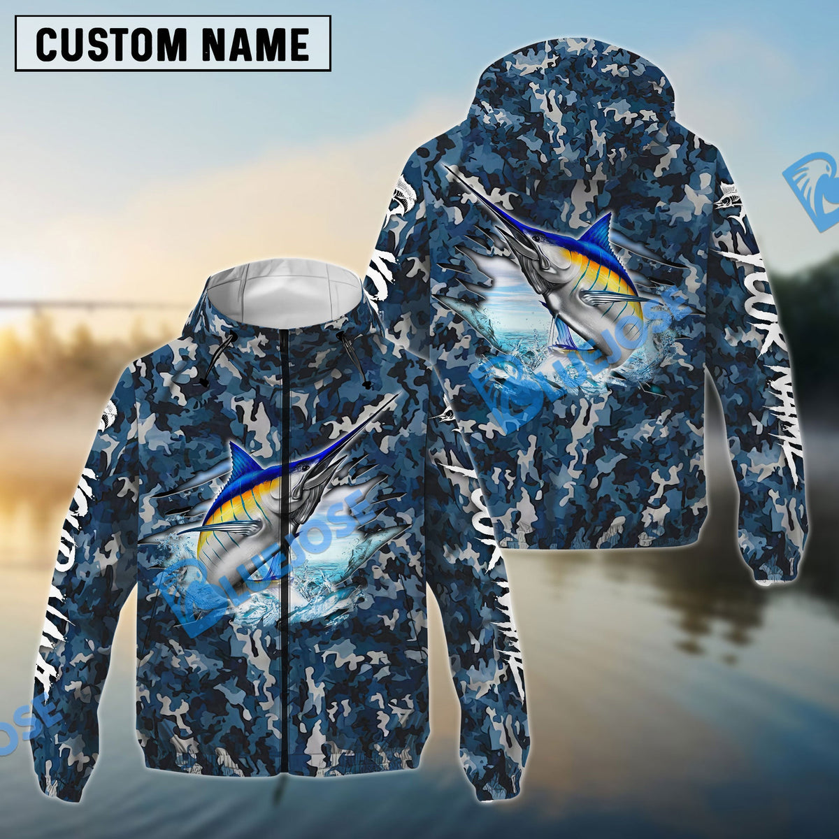 BlueJose Blue Marlin Fishing Camouflage Custom Name Shirts