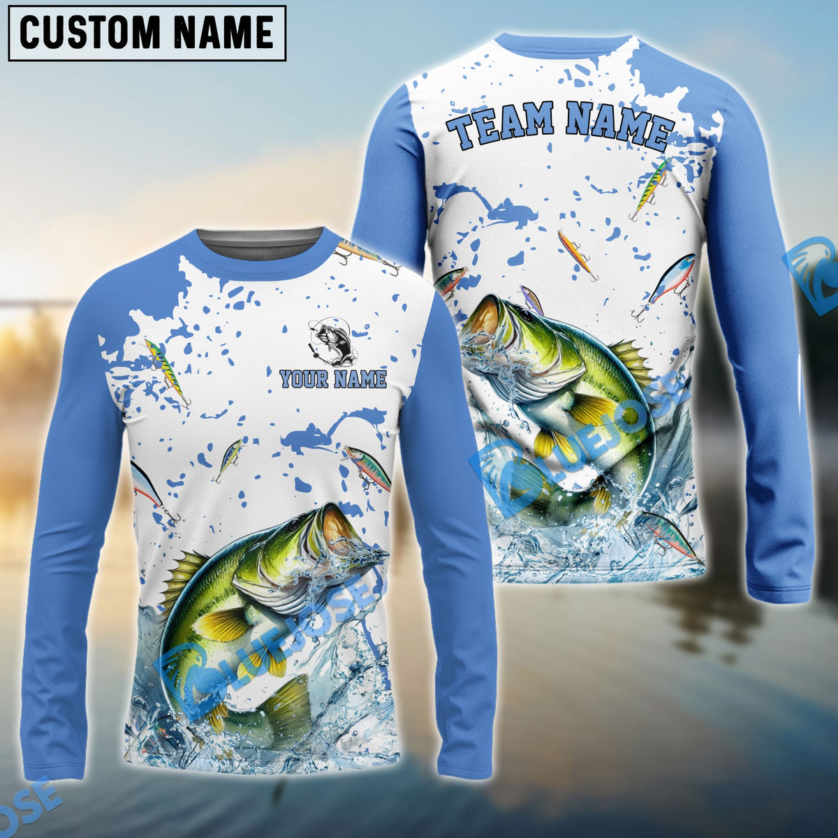 BlueJose Bass Fishing White Light Blue Custom Name & Team Name 3D Shirts