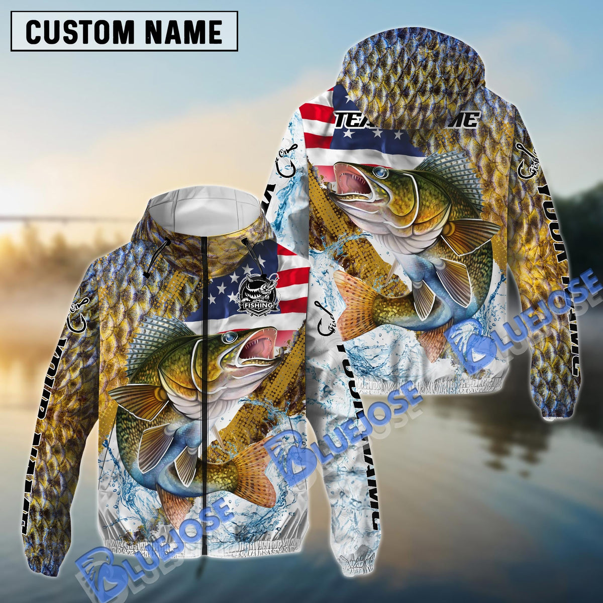 BlueJose Walleye Fishing Skin Patriotic Water Splash Custom Name & Team Name 3D Shirts