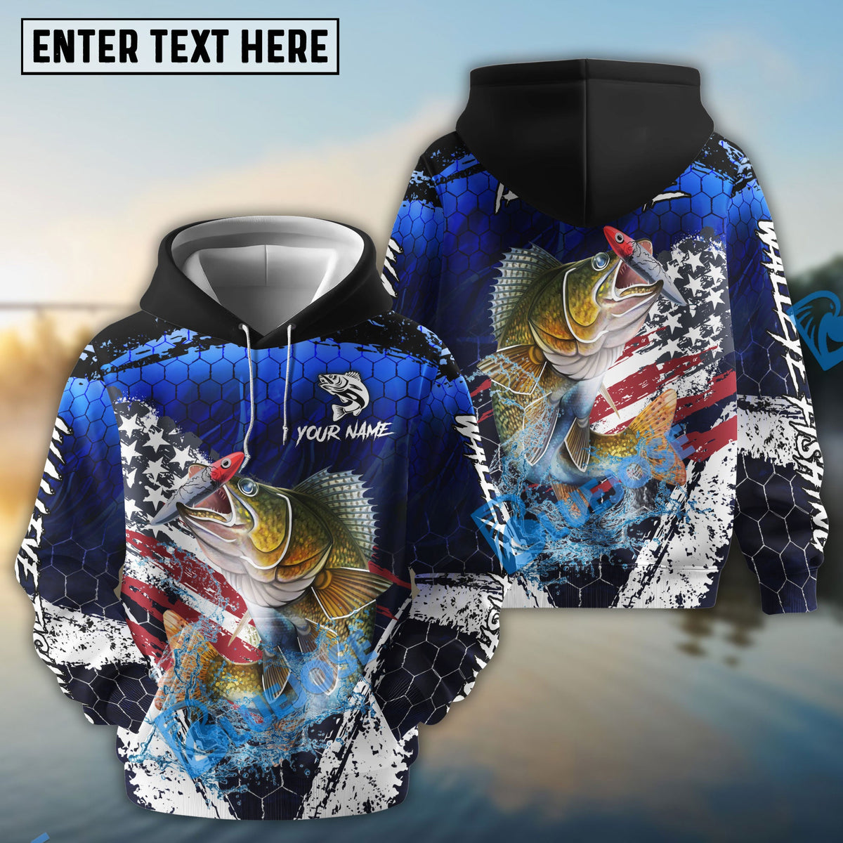 BlueJose Walleye Fishing Dark Blue Scratch American Flag scratch Sport Custom Name & Team Name 3D Shirts