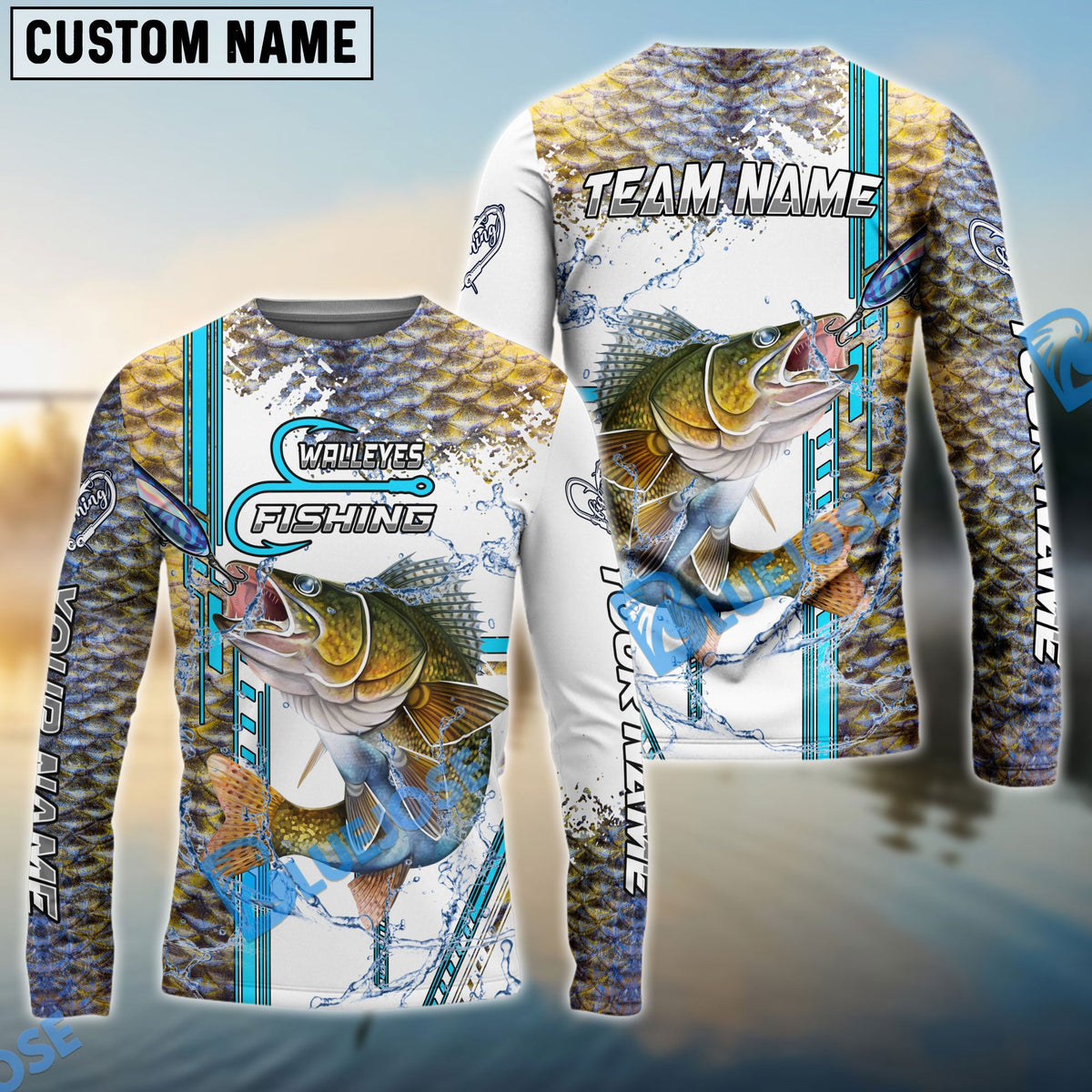 BlueJose Walleye Fishing Blue Line Skin Fish Pattern Sun Protection Personalized Name And Team Name 3D Shirts