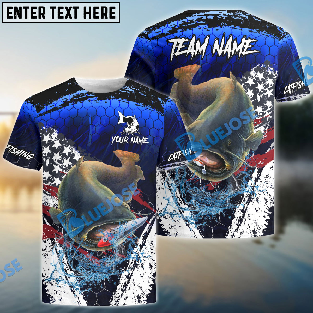 BlueJose Catfish Fishing Dark Blue Scratch American Flag scratch Sport Custom Name & Team Name 3D Shirts