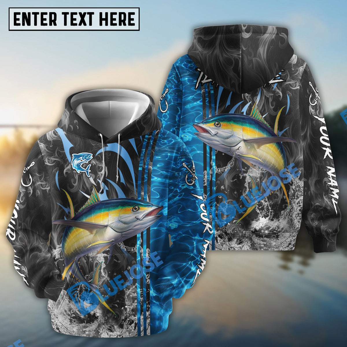 BlueJose Tuna Fishing Sparkling Water Smoke Pattern Design Custom Name & Team Name 3D Shirts