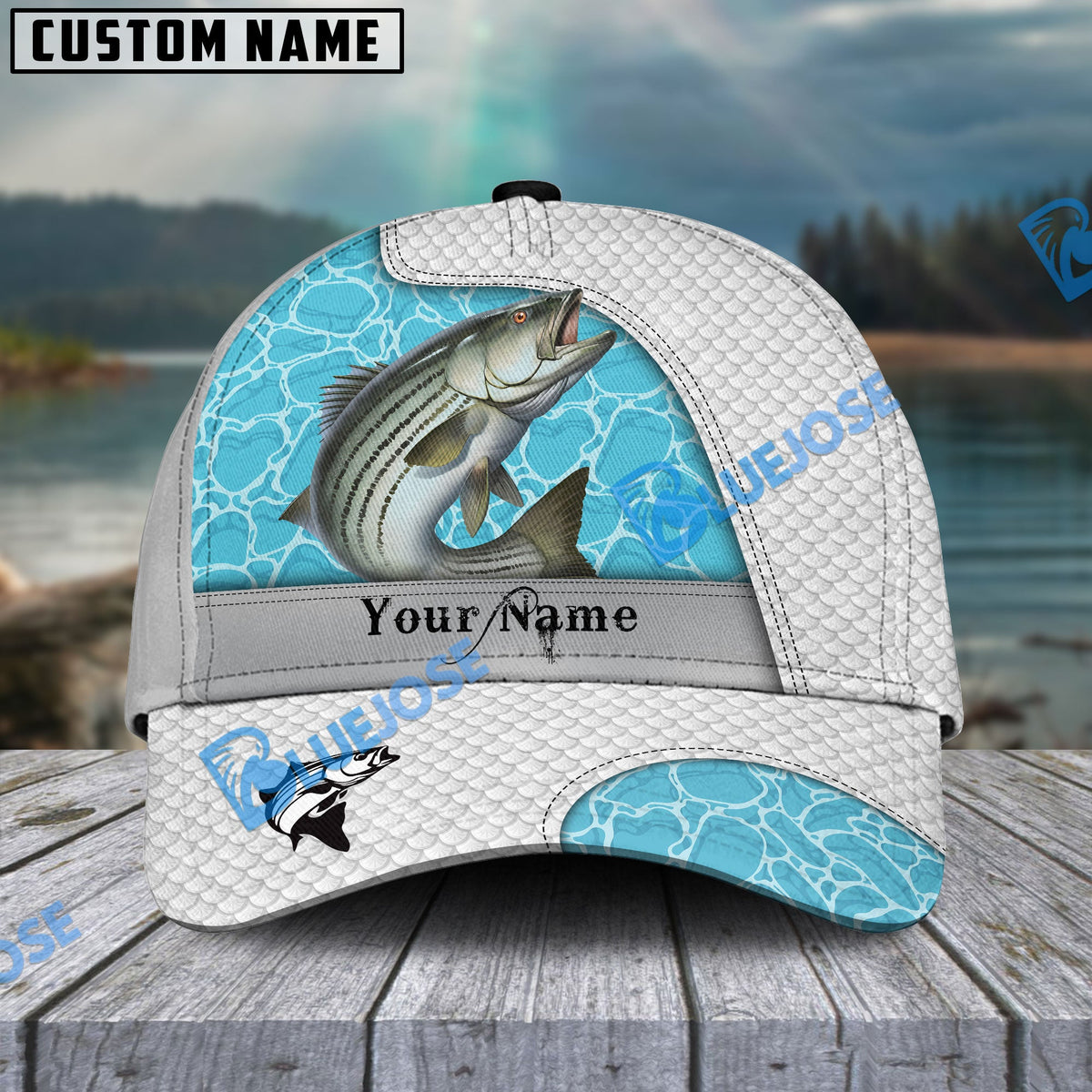 BlueJose Striped Bass Fishing White Blue Water Sport Personalized Cap