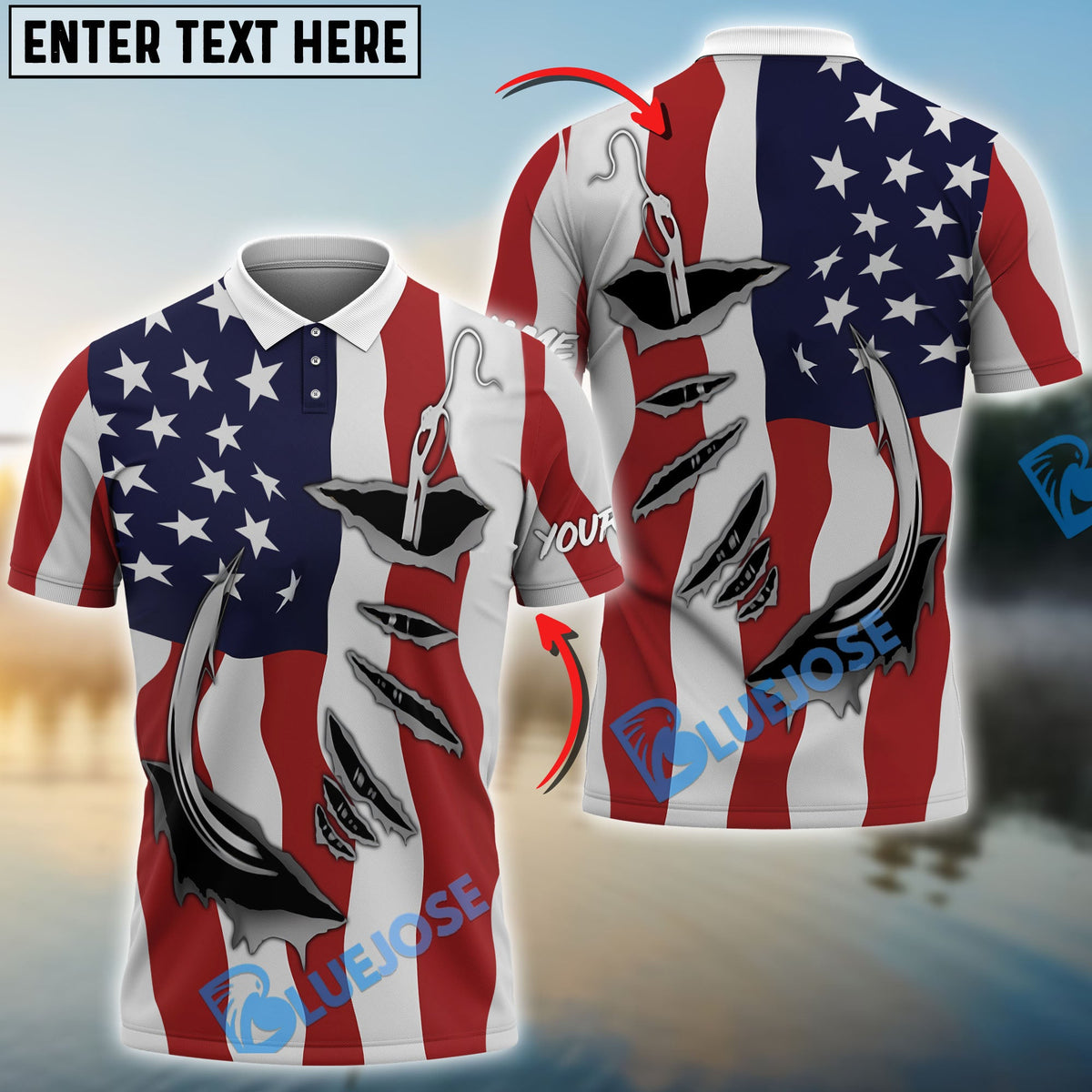 BlueJose Us Fishing Fish Hook American Flag   Custom Long Sleeves Shirts  Patriotic