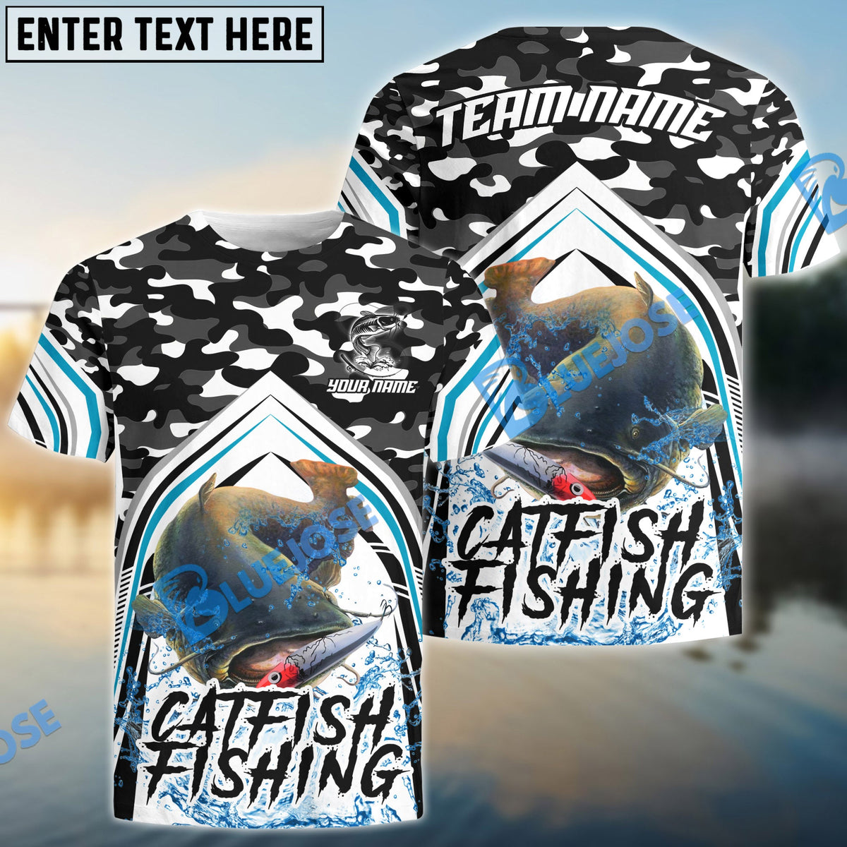 BlueJose Catfish Fishing Black Camo Sport Custom Name & Team Name 3D Shirts
