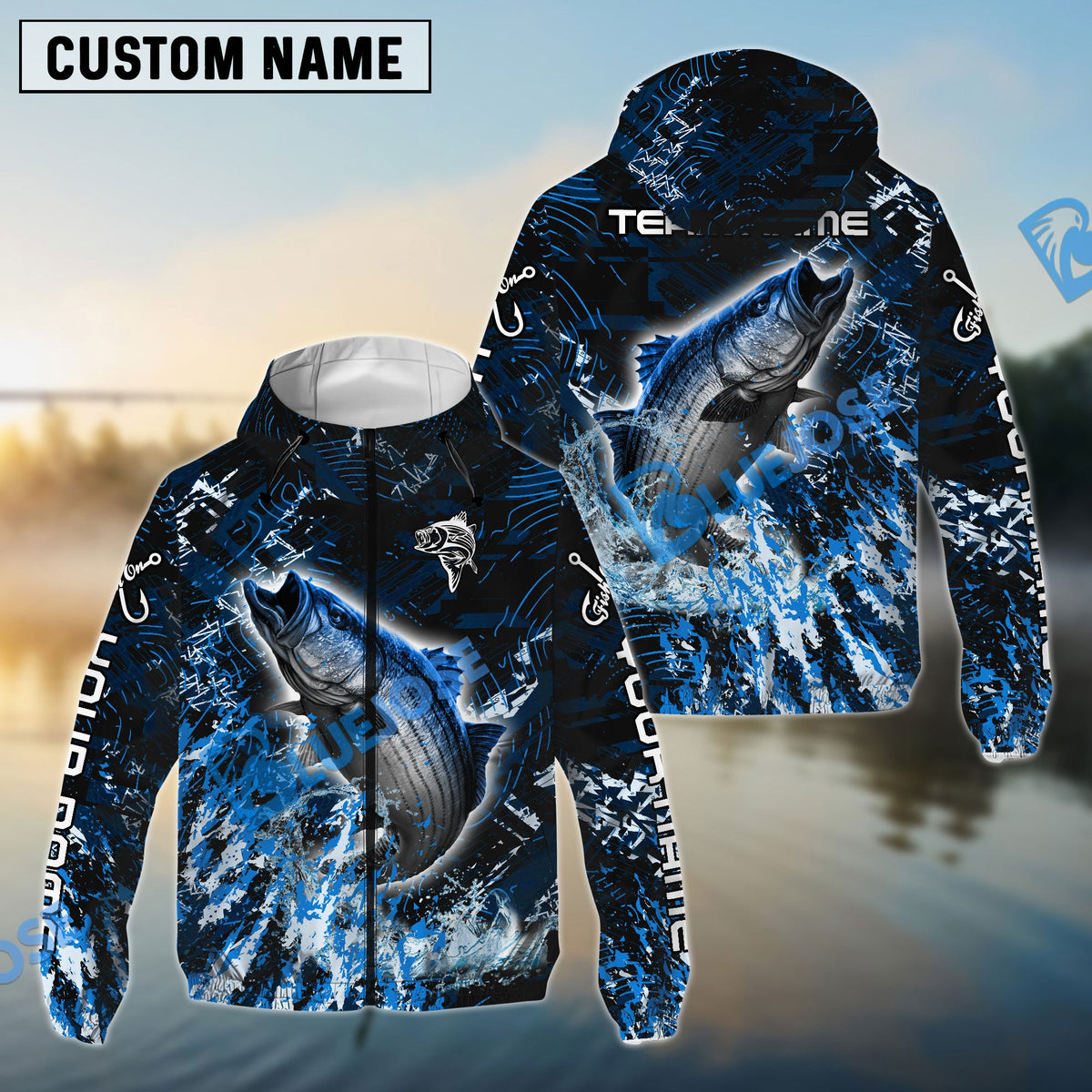 BlueJose Striped Bass Fishing Dark Grunge Blue Custom Name & Team Name 3D Shirts