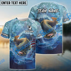 BlueJose Catfish Fishing American Flag Seawave Custom Name & Team Name 3D Shirts