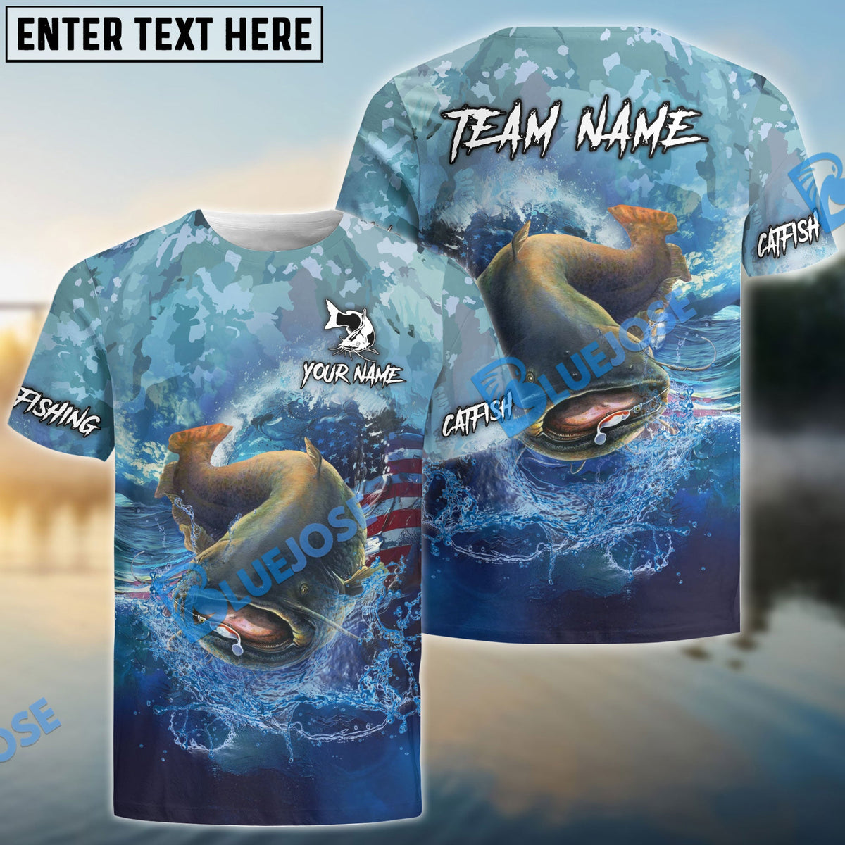 BlueJose Catfish Fishing American Flag Seawave Custom Name & Team Name 3D Shirts