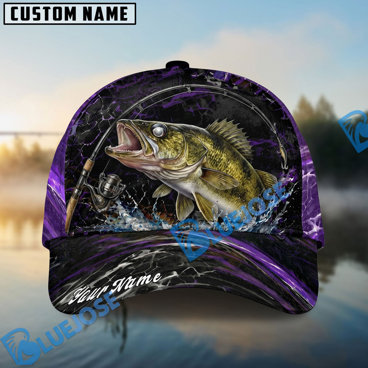 BlueJose Fishing Purple Lightning Rod Splash Personalized Name Classic 3D Cap Personalized Cap (13 Breeds)