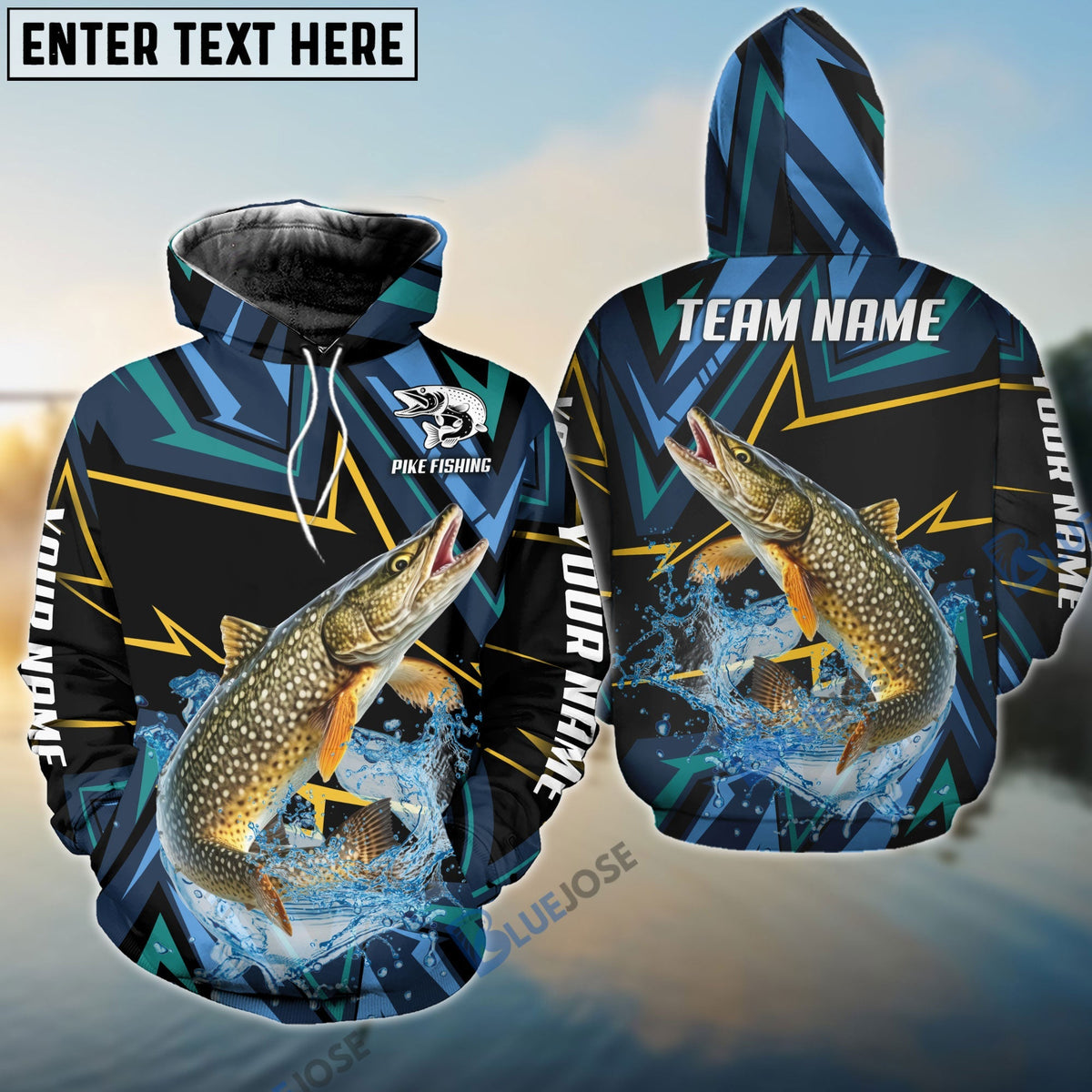 BlueJose Pike Fishing Lightning Pattern Sport Custom Name & Team Name 3D Shirts