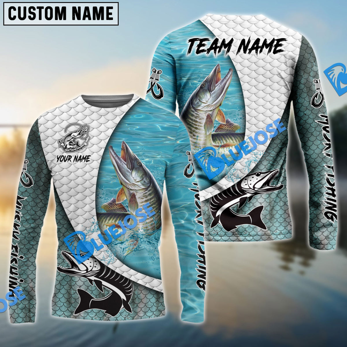 BlueJose Musky Fishing White Skin Diagonal Custom Name & Team Name 3D Shirts