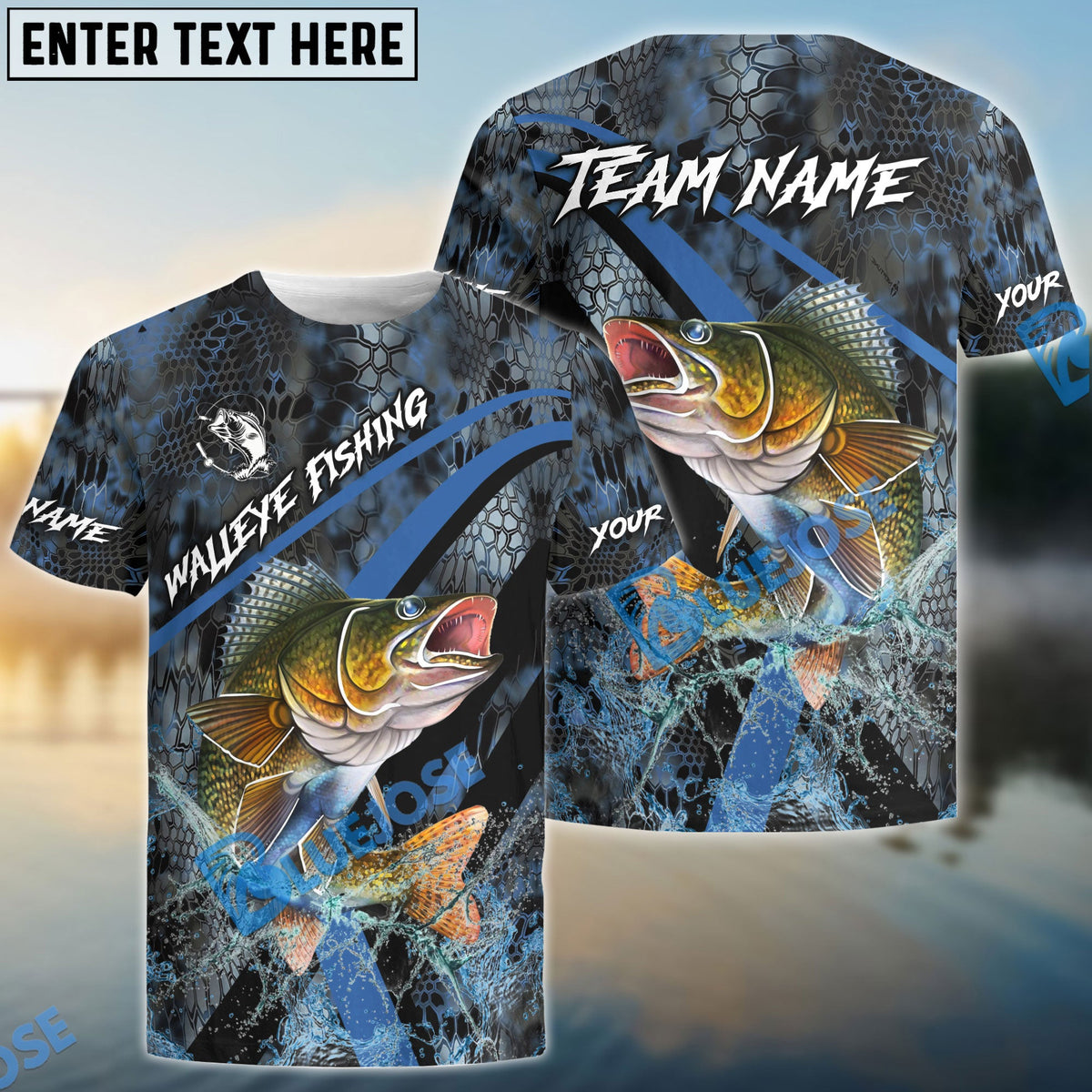 BlueJose Walleye Fishing Dark Skin Sport Custom Name & Team Name 3D Shirts